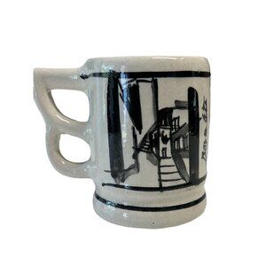 Vintage Hand-Painted Ceramic Mug Double Handle 12 oz With Black & White Artwork